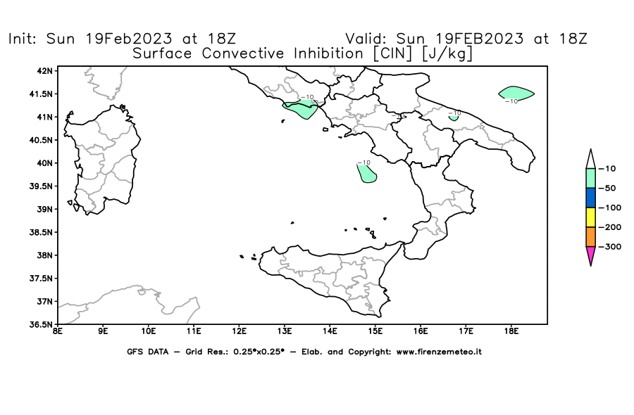 Mappa di analisi GFS - CIN [J/kg] in Sud-Italia
							del 19/02/2023 18 <!--googleoff: index-->UTC<!--googleon: index-->