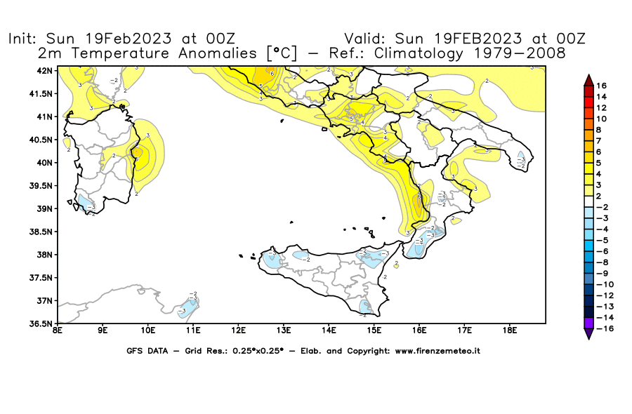 Mappa di analisi GFS - Anomalia Temperatura [°C] a 2 m in Sud-Italia
							del 19/02/2023 00 <!--googleoff: index-->UTC<!--googleon: index-->