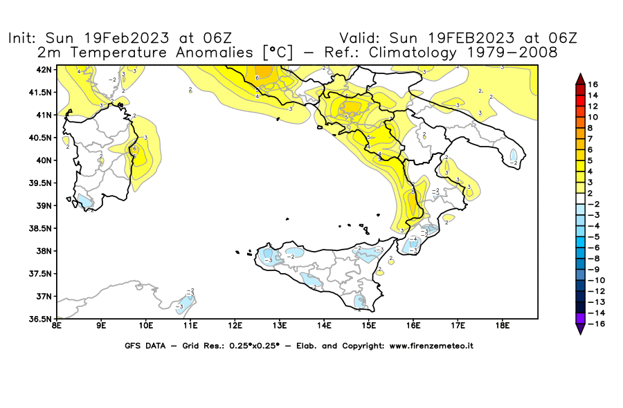 Mappa di analisi GFS - Anomalia Temperatura [°C] a 2 m in Sud-Italia
							del 19/02/2023 06 <!--googleoff: index-->UTC<!--googleon: index-->