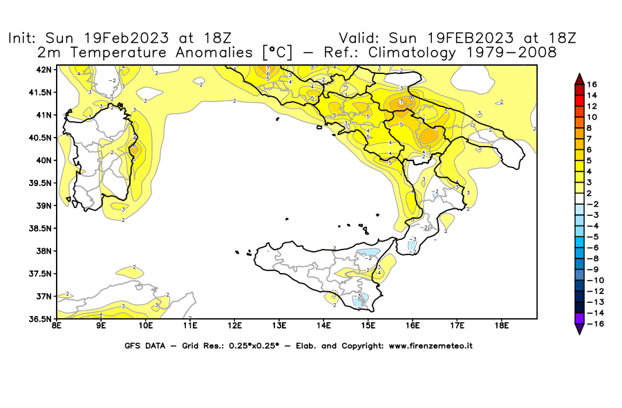 Mappa di analisi GFS - Anomalia Temperatura [°C] a 2 m in Sud-Italia
							del 19/02/2023 18 <!--googleoff: index-->UTC<!--googleon: index-->