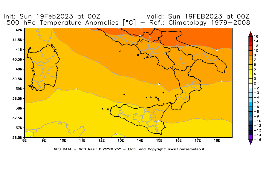 Mappa di analisi GFS - Anomalia Temperatura [°C] a 500 hPa in Sud-Italia
							del 19/02/2023 00 <!--googleoff: index-->UTC<!--googleon: index-->