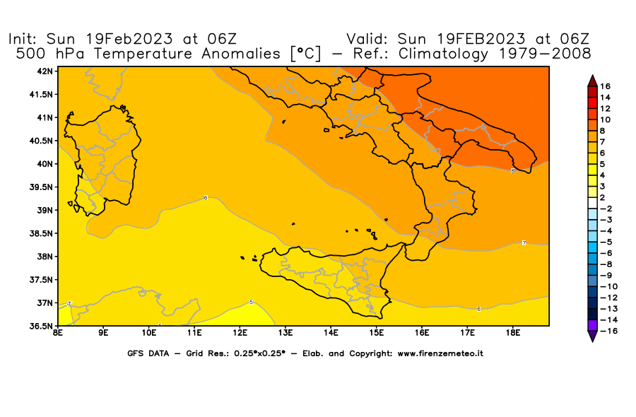 Mappa di analisi GFS - Anomalia Temperatura [°C] a 500 hPa in Sud-Italia
							del 19/02/2023 06 <!--googleoff: index-->UTC<!--googleon: index-->