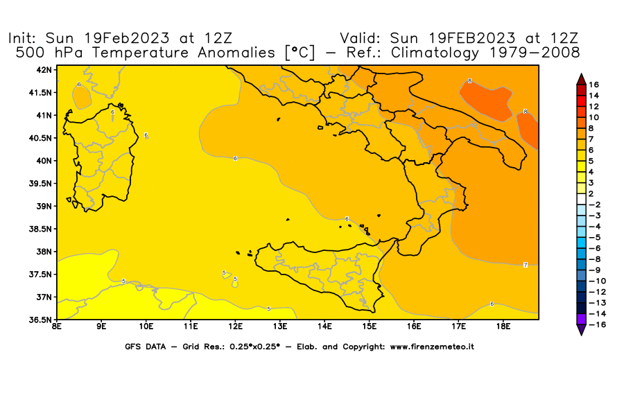 Mappa di analisi GFS - Anomalia Temperatura [°C] a 500 hPa in Sud-Italia
							del 19/02/2023 12 <!--googleoff: index-->UTC<!--googleon: index-->