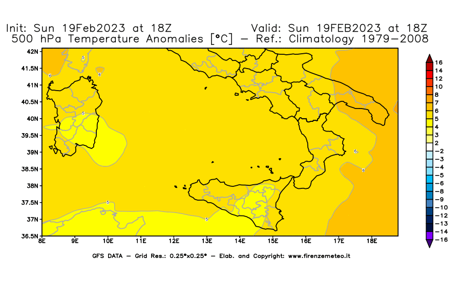 Mappa di analisi GFS - Anomalia Temperatura [°C] a 500 hPa in Sud-Italia
							del 19/02/2023 18 <!--googleoff: index-->UTC<!--googleon: index-->