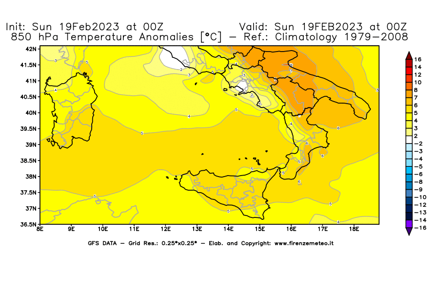 Mappa di analisi GFS - Anomalia Temperatura [°C] a 850 hPa in Sud-Italia
							del 19/02/2023 00 <!--googleoff: index-->UTC<!--googleon: index-->