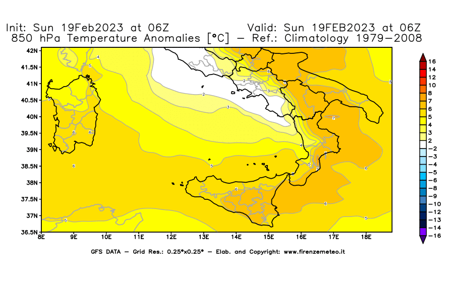 Mappa di analisi GFS - Anomalia Temperatura [°C] a 850 hPa in Sud-Italia
							del 19/02/2023 06 <!--googleoff: index-->UTC<!--googleon: index-->