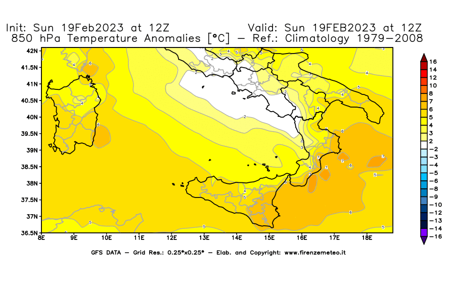 Mappa di analisi GFS - Anomalia Temperatura [°C] a 850 hPa in Sud-Italia
							del 19/02/2023 12 <!--googleoff: index-->UTC<!--googleon: index-->