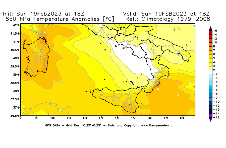 Mappa di analisi GFS - Anomalia Temperatura [°C] a 850 hPa in Sud-Italia
							del 19/02/2023 18 <!--googleoff: index-->UTC<!--googleon: index-->