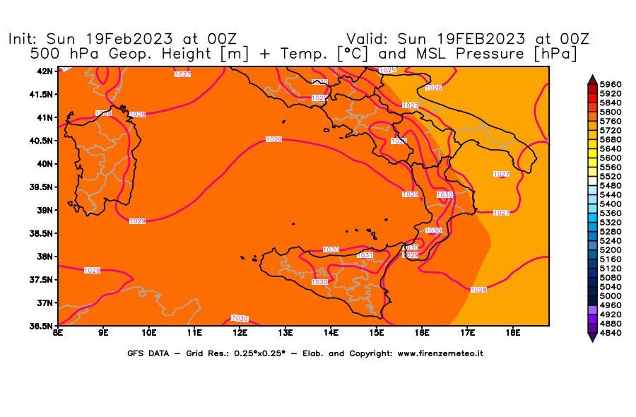 Mappa di analisi GFS - Geopotenziale [m] + Temp. [°C] a 500 hPa + Press. a livello del mare [hPa] in Sud-Italia
							del 19/02/2023 00 <!--googleoff: index-->UTC<!--googleon: index-->