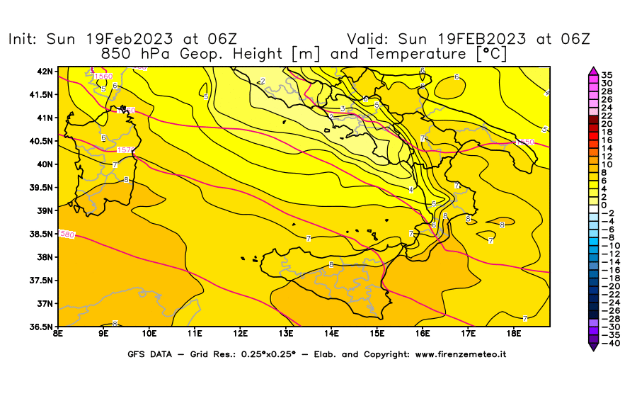 Mappa di analisi GFS - Geopotenziale [m] e Temperatura [°C] a 850 hPa in Sud-Italia
							del 19/02/2023 06 <!--googleoff: index-->UTC<!--googleon: index-->