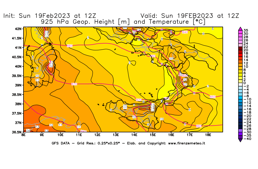 Mappa di analisi GFS - Geopotenziale [m] e Temperatura [°C] a 925 hPa in Sud-Italia
							del 19/02/2023 12 <!--googleoff: index-->UTC<!--googleon: index-->