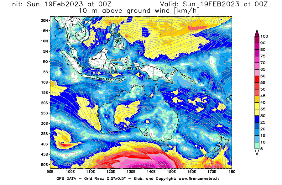 Mappa di analisi GFS - Velocità del vento a 10 metri dal suolo [km/h] in Oceania
							del 19/02/2023 00 <!--googleoff: index-->UTC<!--googleon: index-->