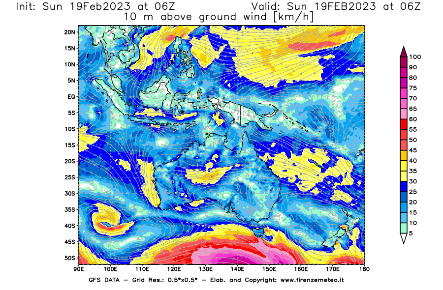 Mappa di analisi GFS - Velocità del vento a 10 metri dal suolo [km/h] in Oceania
							del 19/02/2023 06 <!--googleoff: index-->UTC<!--googleon: index-->