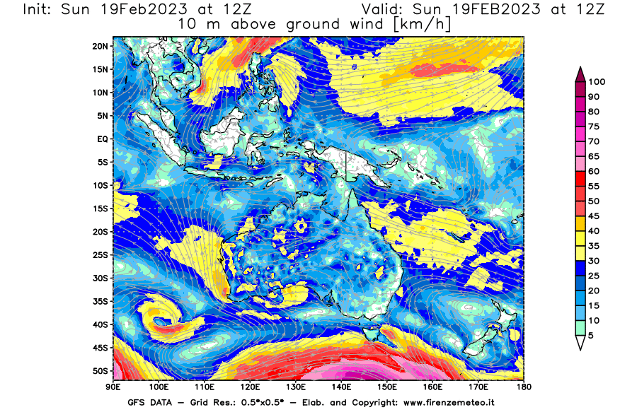 Mappa di analisi GFS - Velocità del vento a 10 metri dal suolo [km/h] in Oceania
							del 19/02/2023 12 <!--googleoff: index-->UTC<!--googleon: index-->