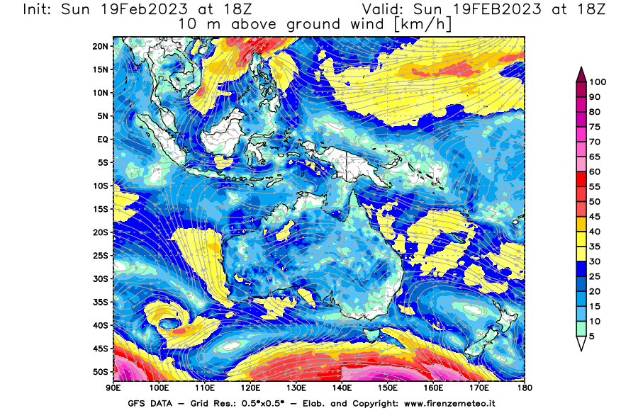 Mappa di analisi GFS - Velocità del vento a 10 metri dal suolo [km/h] in Oceania
							del 19/02/2023 18 <!--googleoff: index-->UTC<!--googleon: index-->