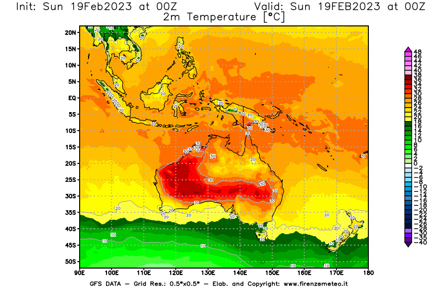 Mappa di analisi GFS - Temperatura a 2 metri dal suolo [°C] in Oceania
							del 19/02/2023 00 <!--googleoff: index-->UTC<!--googleon: index-->