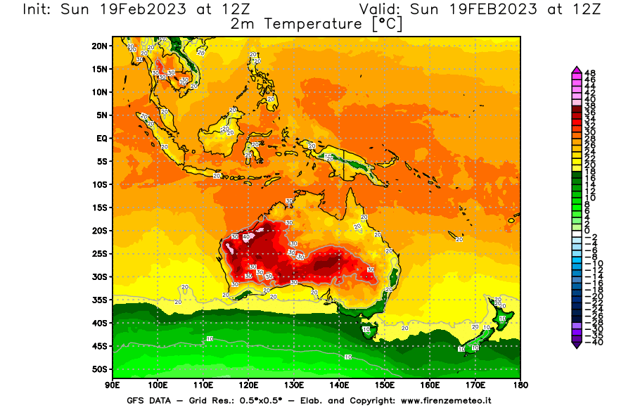 Mappa di analisi GFS - Temperatura a 2 metri dal suolo [°C] in Oceania
							del 19/02/2023 12 <!--googleoff: index-->UTC<!--googleon: index-->