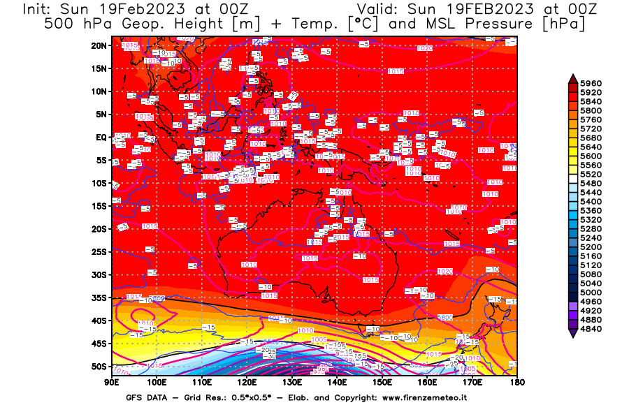 Mappa di analisi GFS - Geopotenziale [m] + Temp. [°C] a 500 hPa + Press. a livello del mare [hPa] in Oceania
							del 19/02/2023 00 <!--googleoff: index-->UTC<!--googleon: index-->
