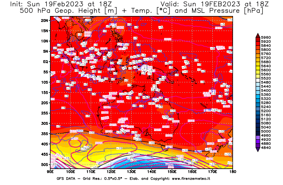 Mappa di analisi GFS - Geopotenziale [m] + Temp. [°C] a 500 hPa + Press. a livello del mare [hPa] in Oceania
							del 19/02/2023 18 <!--googleoff: index-->UTC<!--googleon: index-->