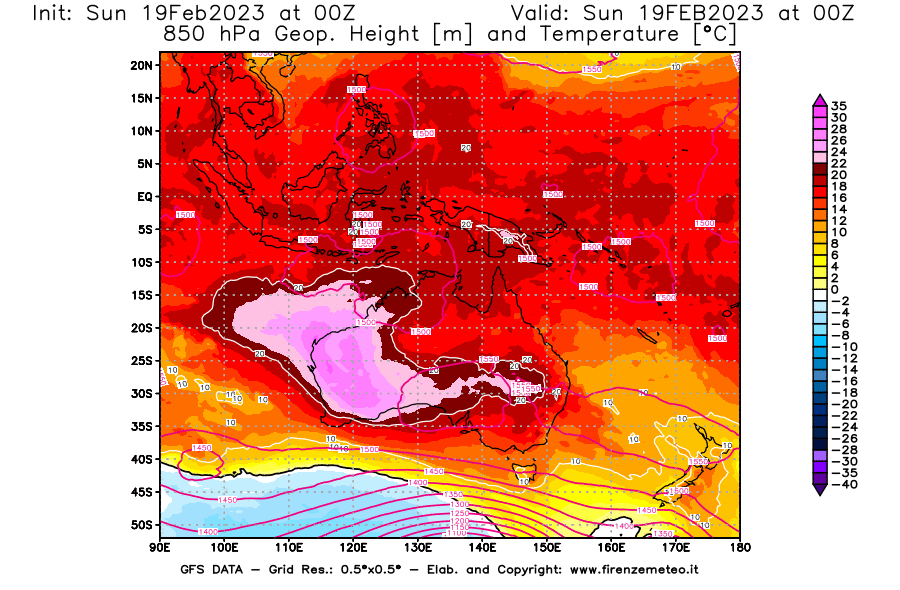 Mappa di analisi GFS - Geopotenziale [m] e Temperatura [°C] a 850 hPa in Oceania
							del 19/02/2023 00 <!--googleoff: index-->UTC<!--googleon: index-->