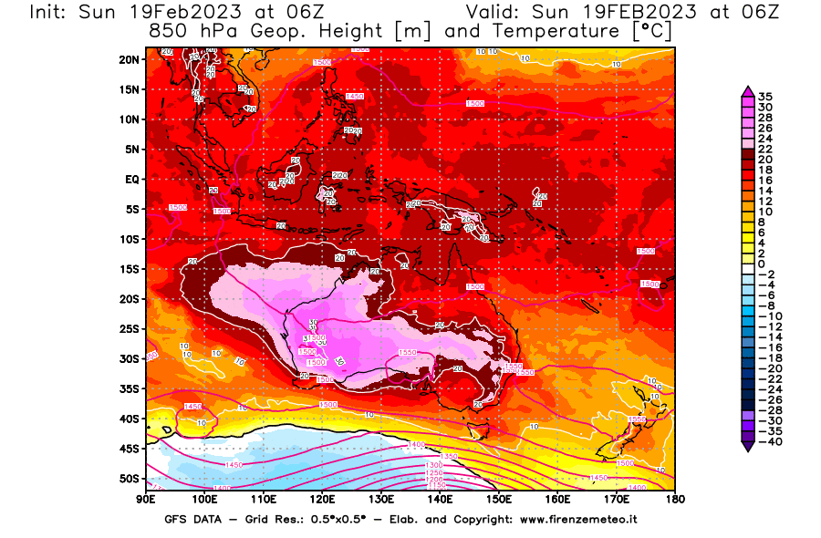 Mappa di analisi GFS - Geopotenziale [m] e Temperatura [°C] a 850 hPa in Oceania
							del 19/02/2023 06 <!--googleoff: index-->UTC<!--googleon: index-->
