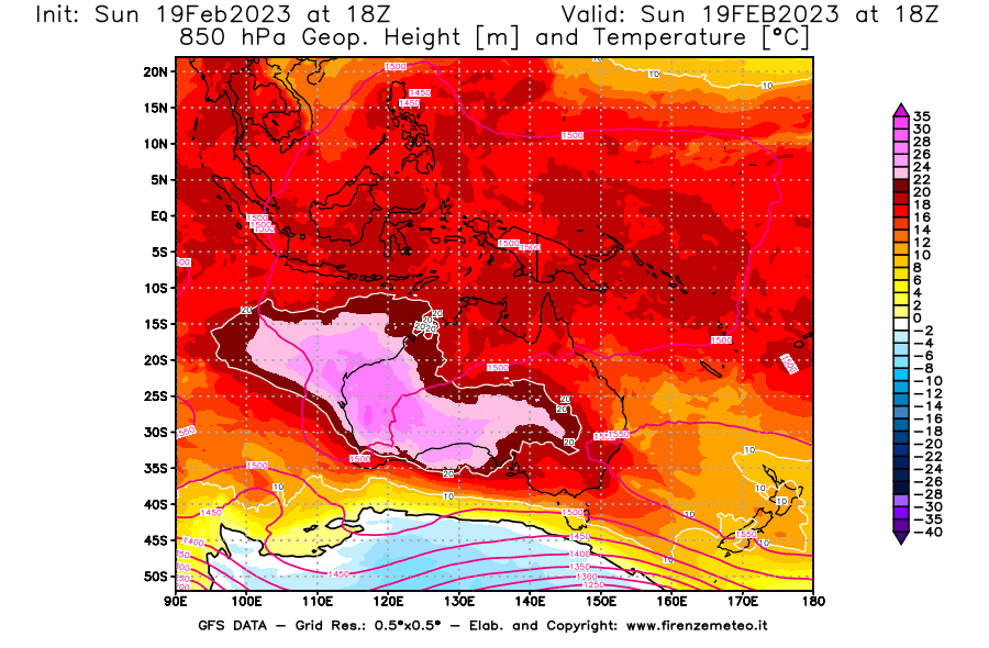 Mappa di analisi GFS - Geopotenziale [m] e Temperatura [°C] a 850 hPa in Oceania
							del 19/02/2023 18 <!--googleoff: index-->UTC<!--googleon: index-->