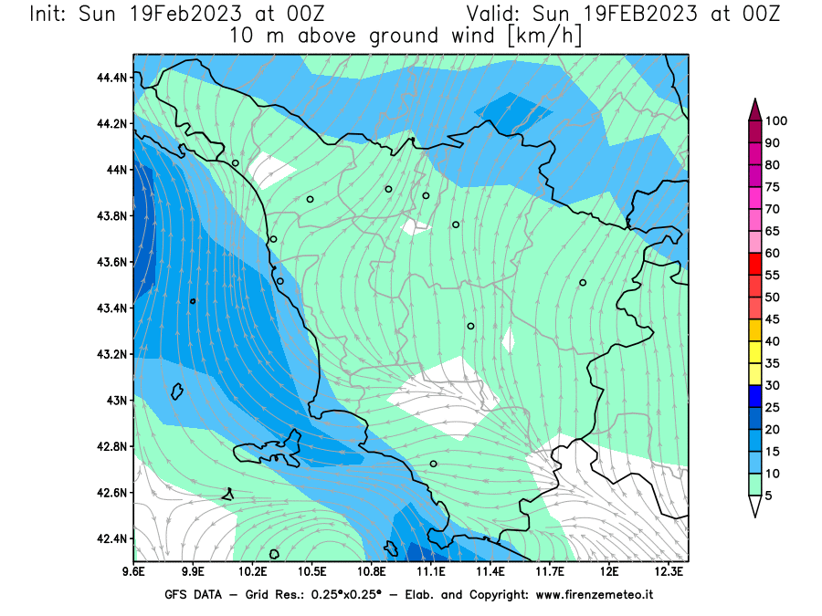Mappa di analisi GFS - Velocità del vento a 10 metri dal suolo [km/h] in Toscana
							del 19/02/2023 00 <!--googleoff: index-->UTC<!--googleon: index-->