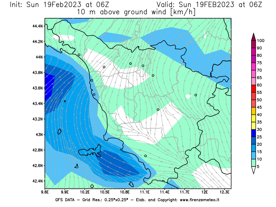 Mappa di analisi GFS - Velocità del vento a 10 metri dal suolo [km/h] in Toscana
							del 19/02/2023 06 <!--googleoff: index-->UTC<!--googleon: index-->
