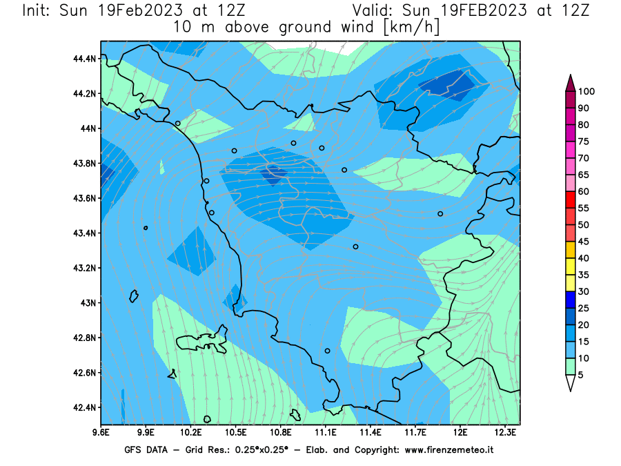 Mappa di analisi GFS - Velocità del vento a 10 metri dal suolo [km/h] in Toscana
							del 19/02/2023 12 <!--googleoff: index-->UTC<!--googleon: index-->
