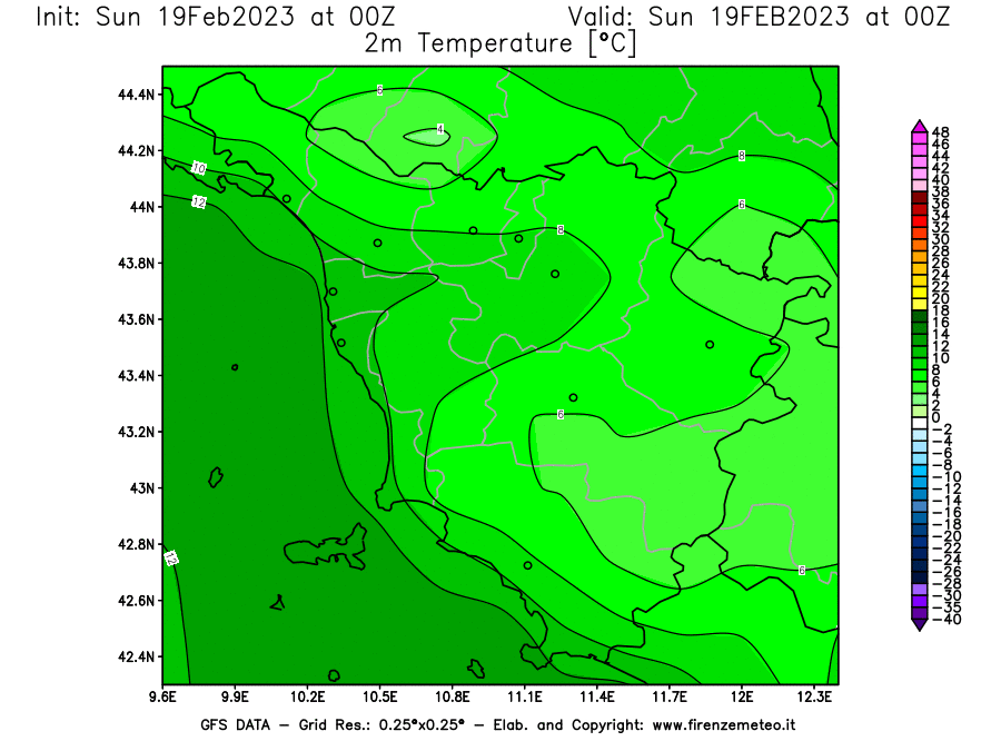 Mappa di analisi GFS - Temperatura a 2 metri dal suolo [°C] in Toscana
							del 19/02/2023 00 <!--googleoff: index-->UTC<!--googleon: index-->