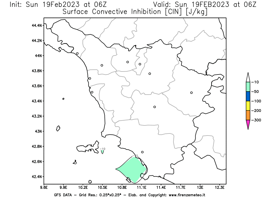 Mappa di analisi GFS - CIN [J/kg] in Toscana
							del 19/02/2023 06 <!--googleoff: index-->UTC<!--googleon: index-->