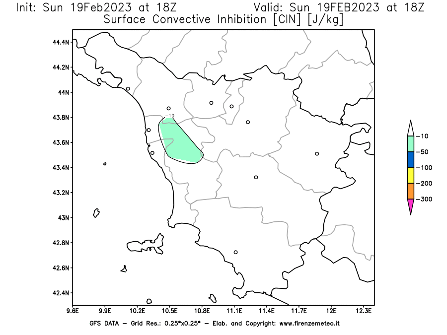 Mappa di analisi GFS - CIN [J/kg] in Toscana
							del 19/02/2023 18 <!--googleoff: index-->UTC<!--googleon: index-->