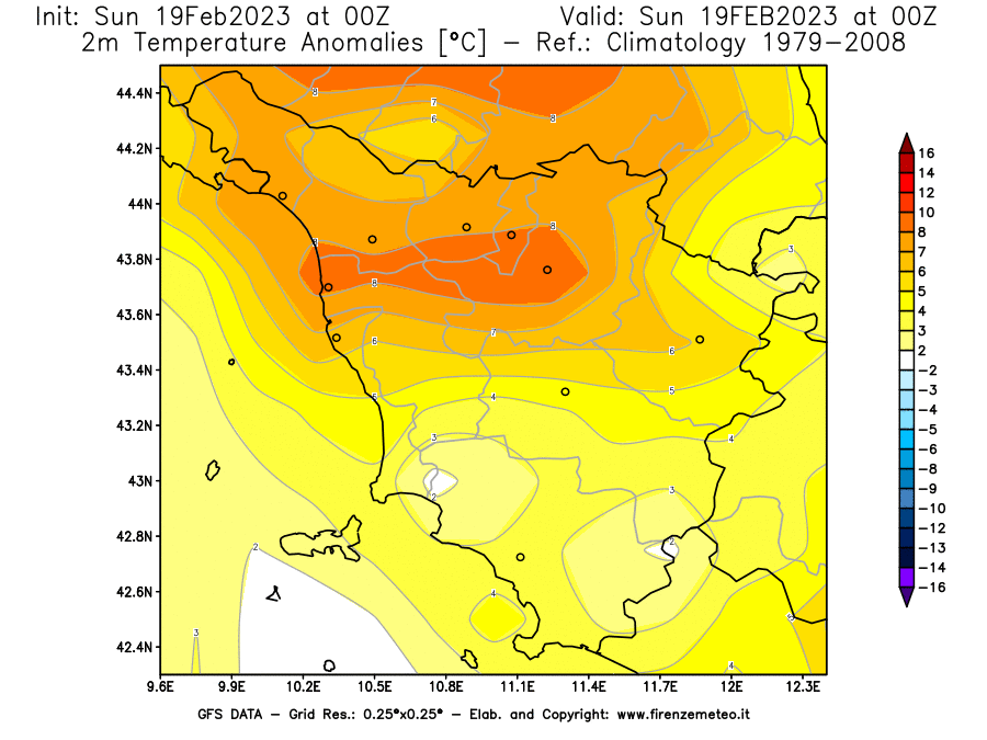 Mappa di analisi GFS - Anomalia Temperatura [°C] a 2 m in Toscana
							del 19/02/2023 00 <!--googleoff: index-->UTC<!--googleon: index-->