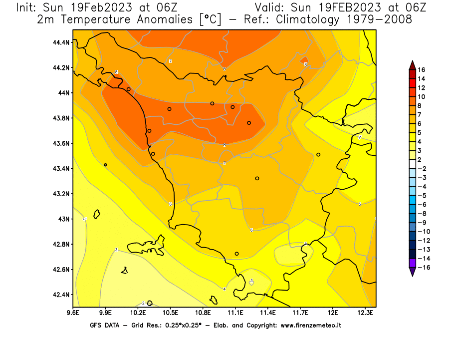 Mappa di analisi GFS - Anomalia Temperatura [°C] a 2 m in Toscana
							del 19/02/2023 06 <!--googleoff: index-->UTC<!--googleon: index-->