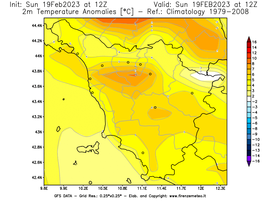Mappa di analisi GFS - Anomalia Temperatura [°C] a 2 m in Toscana
							del 19/02/2023 12 <!--googleoff: index-->UTC<!--googleon: index-->