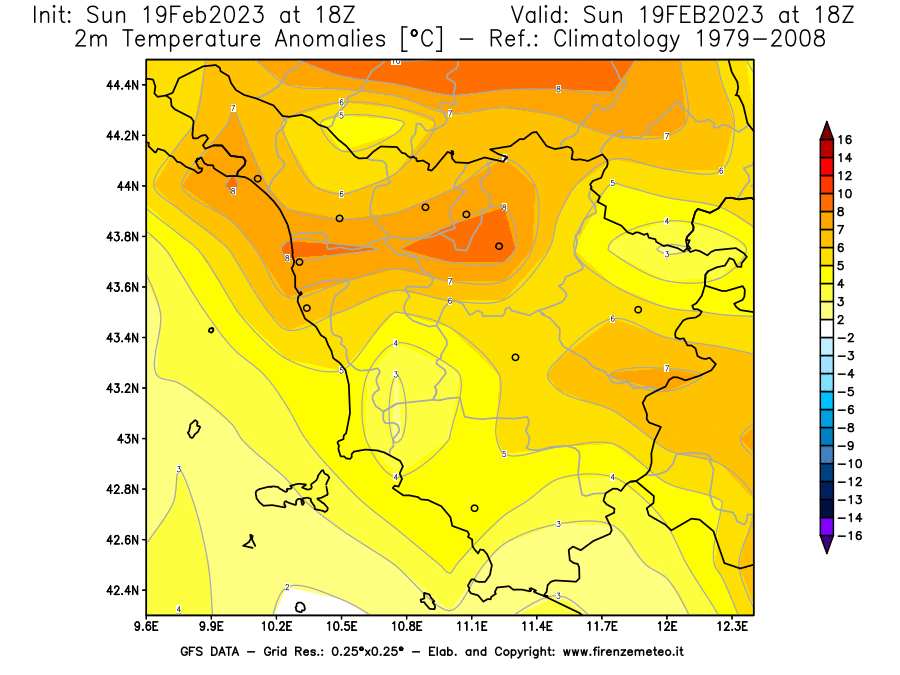 Mappa di analisi GFS - Anomalia Temperatura [°C] a 2 m in Toscana
							del 19/02/2023 18 <!--googleoff: index-->UTC<!--googleon: index-->