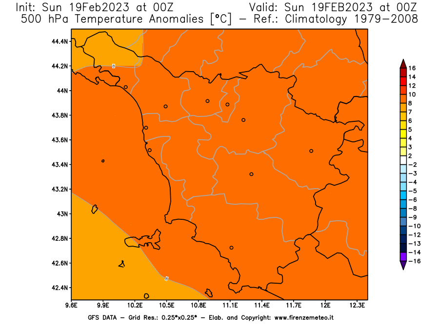 Mappa di analisi GFS - Anomalia Temperatura [°C] a 500 hPa in Toscana
							del 19/02/2023 00 <!--googleoff: index-->UTC<!--googleon: index-->