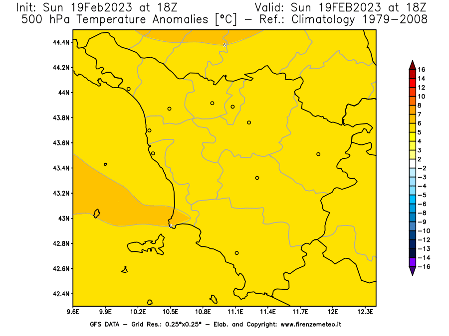 Mappa di analisi GFS - Anomalia Temperatura [°C] a 500 hPa in Toscana
							del 19/02/2023 18 <!--googleoff: index-->UTC<!--googleon: index-->