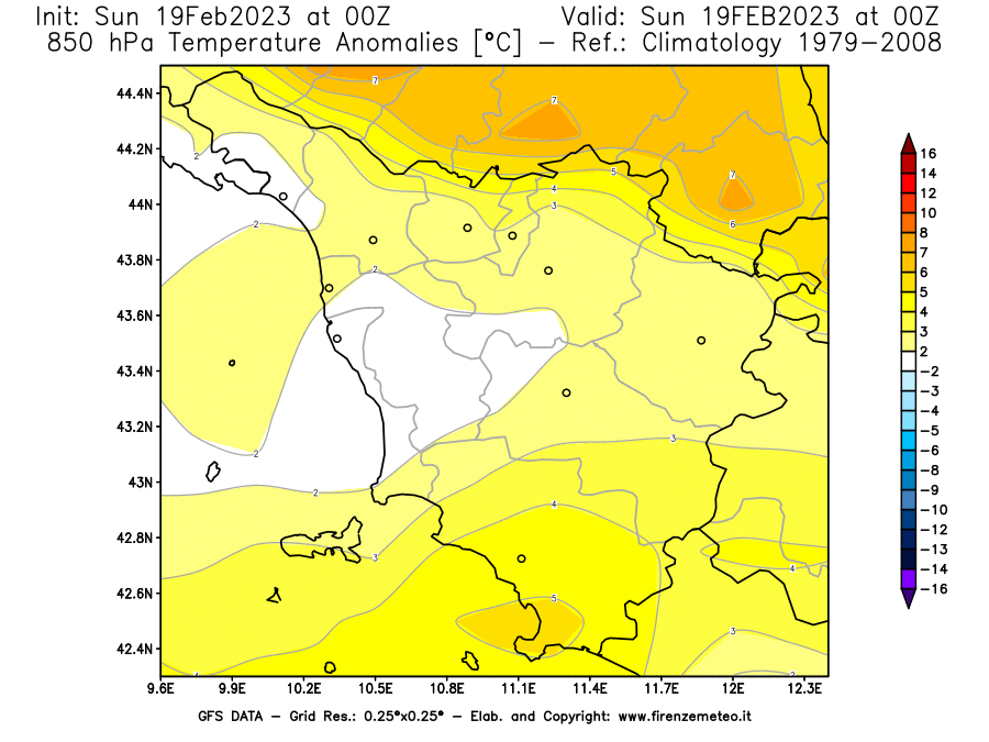 Mappa di analisi GFS - Anomalia Temperatura [°C] a 850 hPa in Toscana
							del 19/02/2023 00 <!--googleoff: index-->UTC<!--googleon: index-->