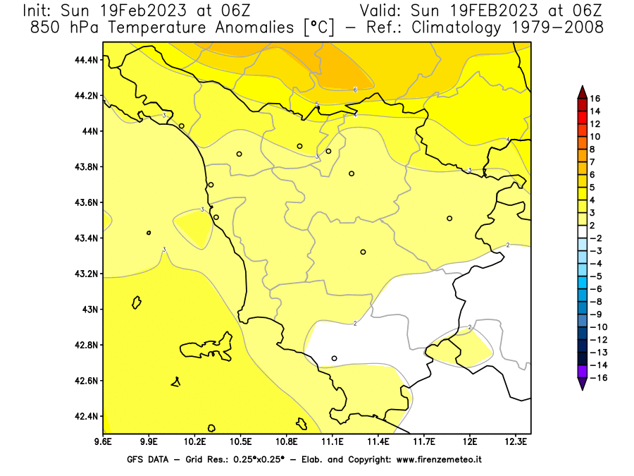Mappa di analisi GFS - Anomalia Temperatura [°C] a 850 hPa in Toscana
							del 19/02/2023 06 <!--googleoff: index-->UTC<!--googleon: index-->