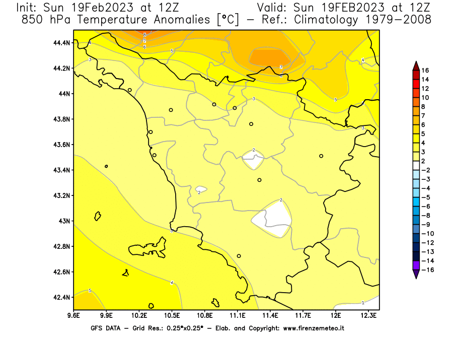 Mappa di analisi GFS - Anomalia Temperatura [°C] a 850 hPa in Toscana
							del 19/02/2023 12 <!--googleoff: index-->UTC<!--googleon: index-->