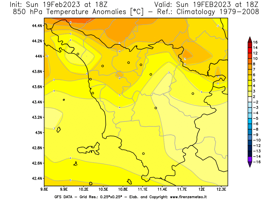 Mappa di analisi GFS - Anomalia Temperatura [°C] a 850 hPa in Toscana
							del 19/02/2023 18 <!--googleoff: index-->UTC<!--googleon: index-->
