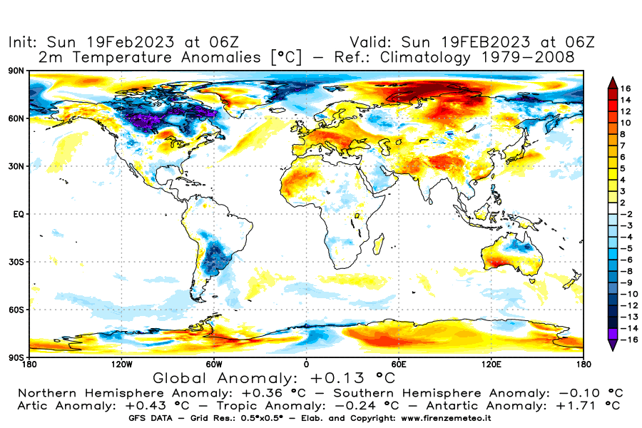 Mappa di analisi GFS - Anomalia Temperatura [°C] a 2 m in World
							del 19/02/2023 06 <!--googleoff: index-->UTC<!--googleon: index-->