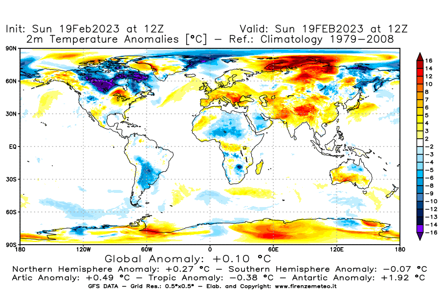 Mappa di analisi GFS - Anomalia Temperatura [°C] a 2 m in World
							del 19/02/2023 12 <!--googleoff: index-->UTC<!--googleon: index-->