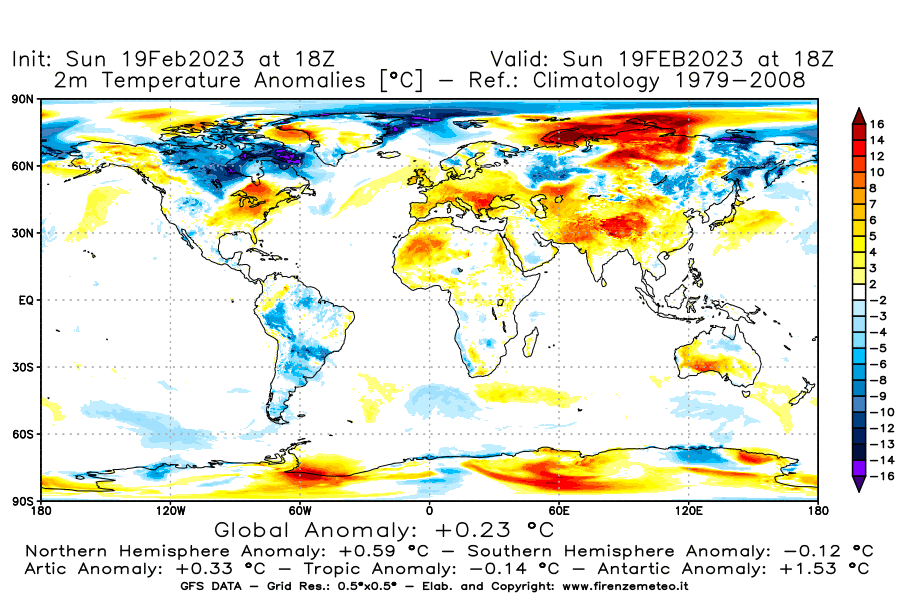 Mappa di analisi GFS - Anomalia Temperatura [°C] a 2 m in World
							del 19/02/2023 18 <!--googleoff: index-->UTC<!--googleon: index-->