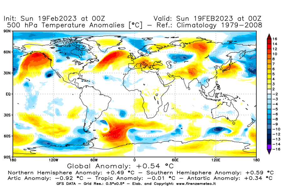 Mappa di analisi GFS - Anomalia Temperatura [°C] a 500 hPa in World
							del 19/02/2023 00 <!--googleoff: index-->UTC<!--googleon: index-->