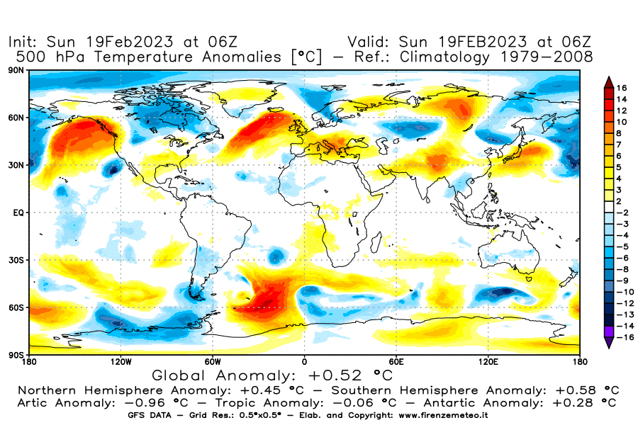Mappa di analisi GFS - Anomalia Temperatura [°C] a 500 hPa in World
							del 19/02/2023 06 <!--googleoff: index-->UTC<!--googleon: index-->