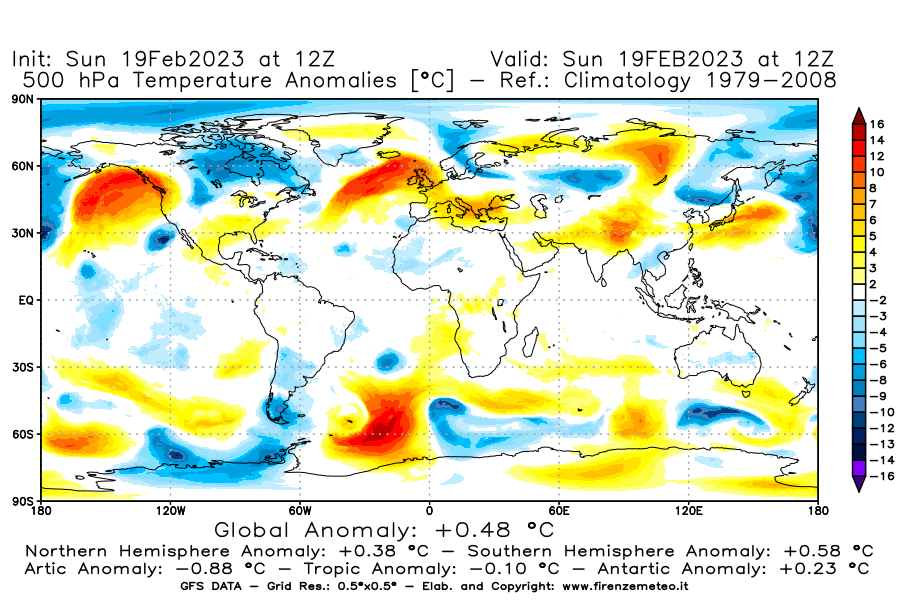 Mappa di analisi GFS - Anomalia Temperatura [°C] a 500 hPa in World
							del 19/02/2023 12 <!--googleoff: index-->UTC<!--googleon: index-->