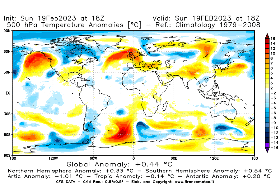Mappa di analisi GFS - Anomalia Temperatura [°C] a 500 hPa in World
							del 19/02/2023 18 <!--googleoff: index-->UTC<!--googleon: index-->