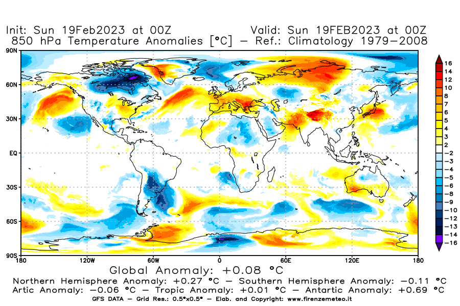 Mappa di analisi GFS - Anomalia Temperatura [°C] a 850 hPa in World
							del 19/02/2023 00 <!--googleoff: index-->UTC<!--googleon: index-->